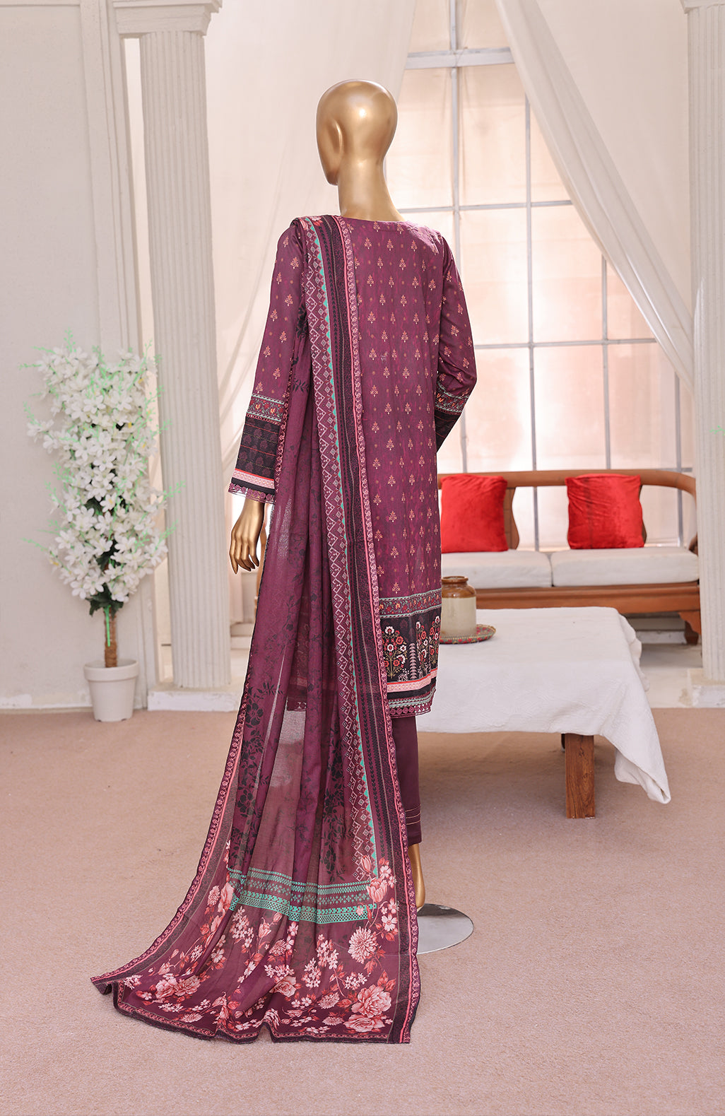 3 PEICE LAWN EMBROIDRY COLLECTION EM-02 BURGANDY