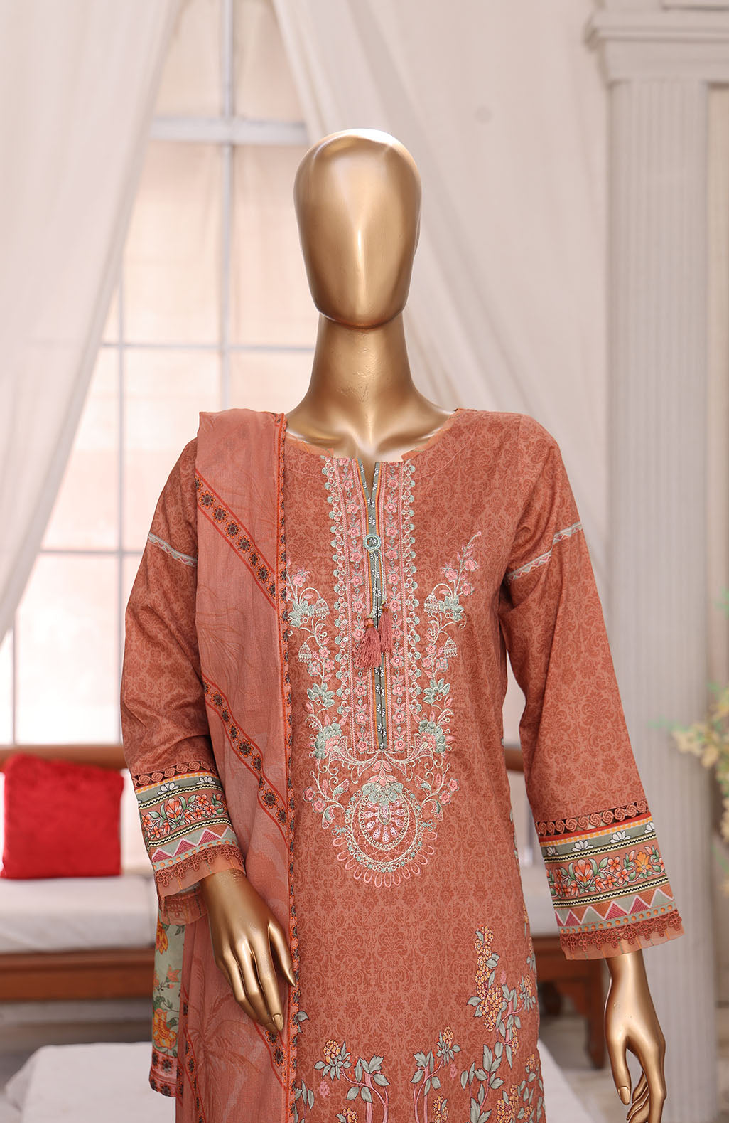 3 PEICE LAWN EMBROIDRY COLLECTION EM-04 RUST