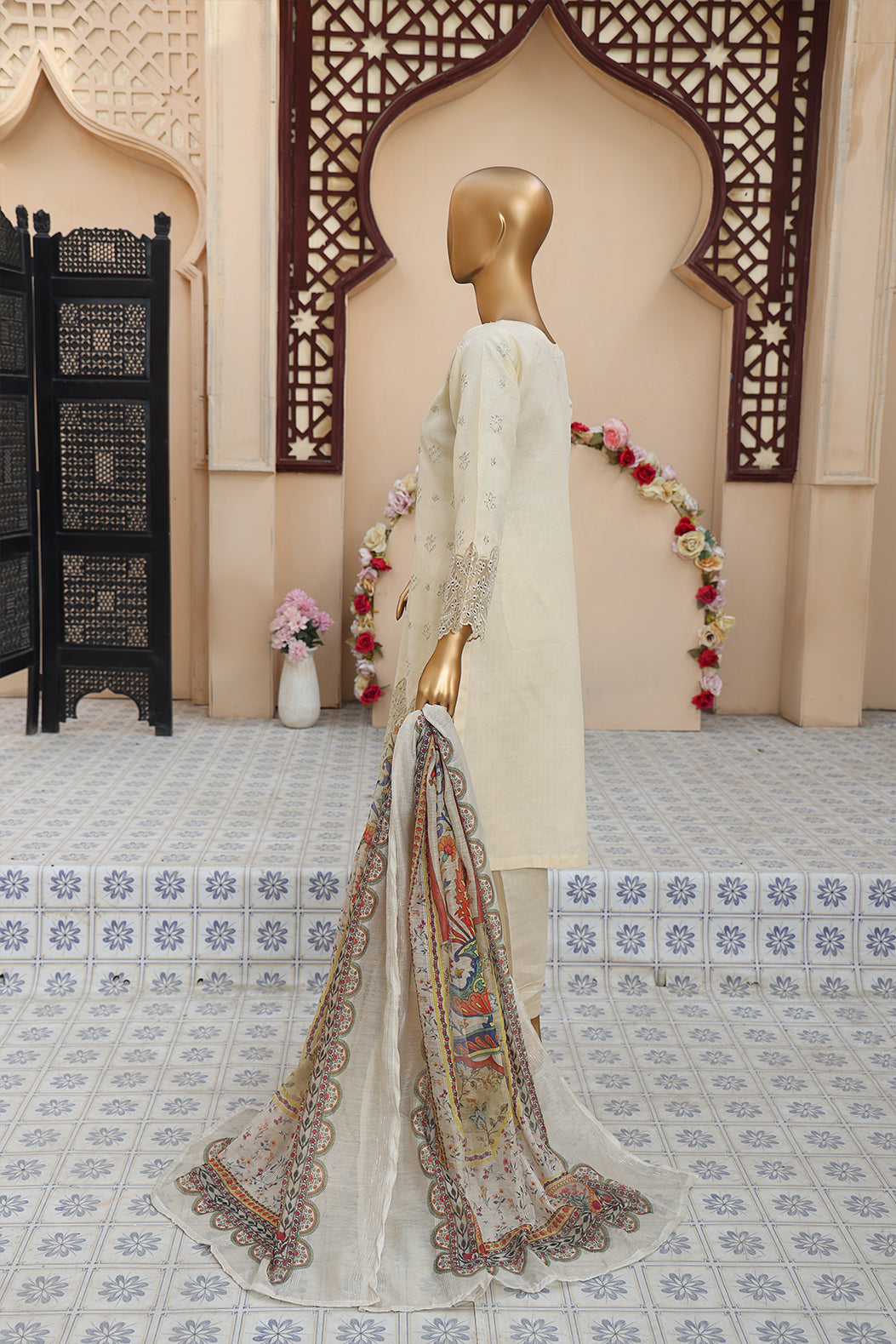3 PEICE STIFF COTTON EMBROIDRY SCE-08 BEIGE