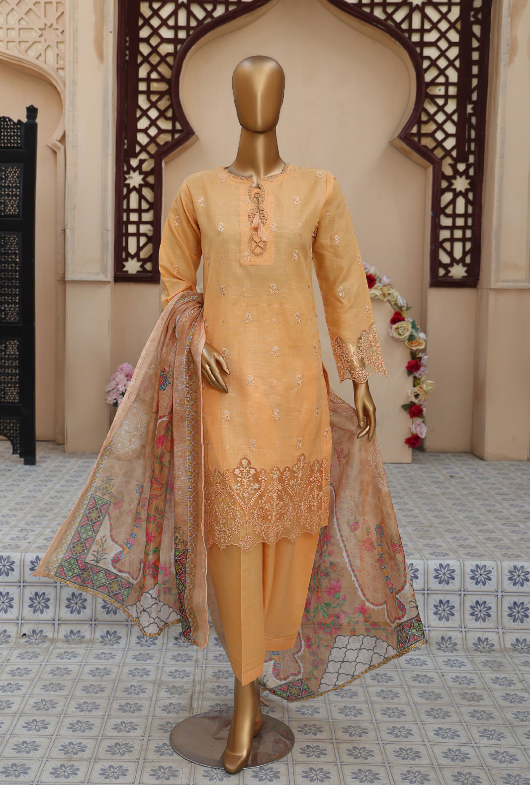 3 PEICE STIFF COTTON EMBROIDRY SCE-05 ORANGE