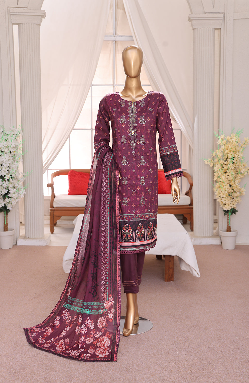 3 PEICE LAWN EMBROIDRY COLLECTION  EM-02 BURGANDY