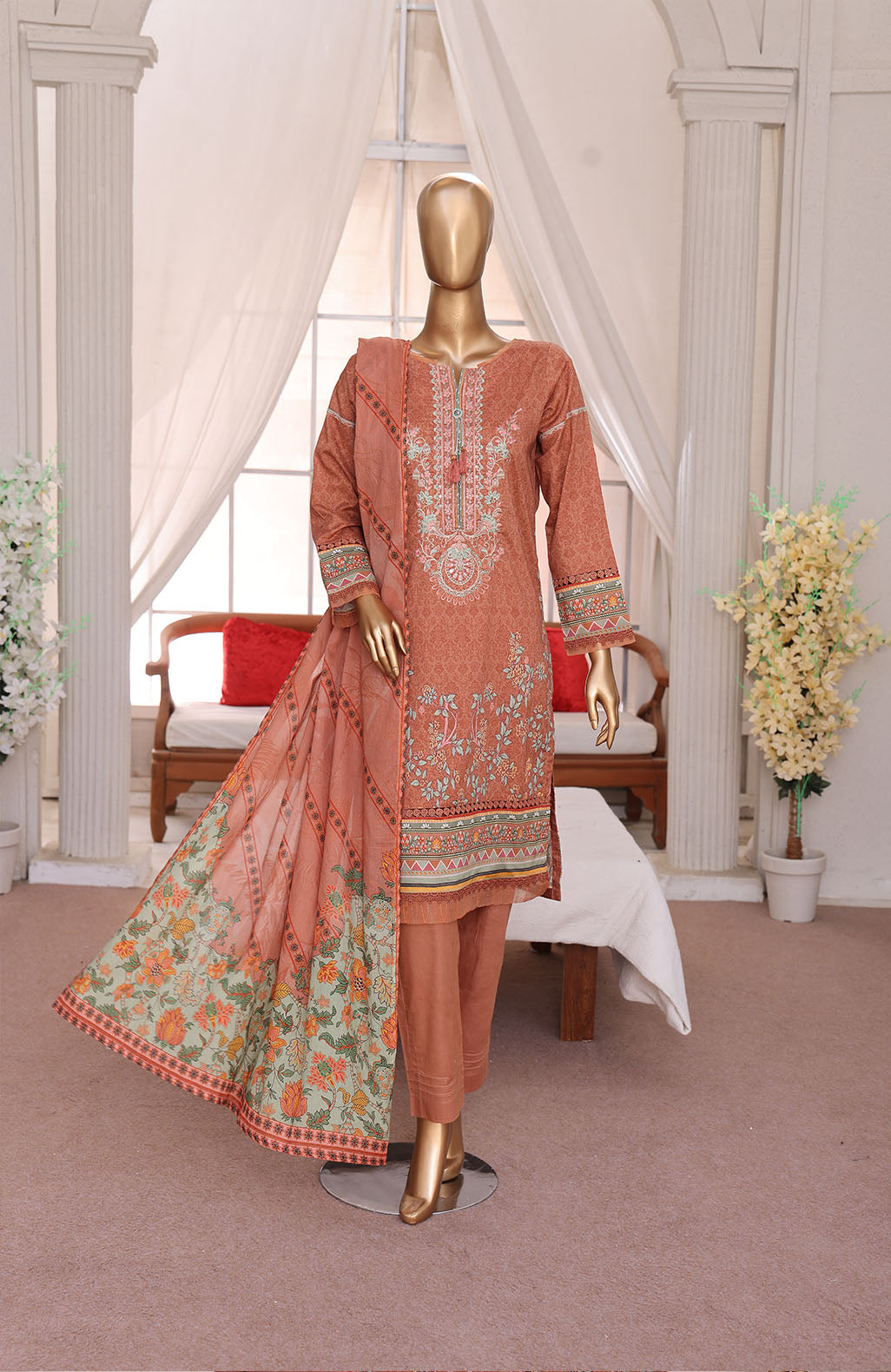 3 PEICE LAWN EMBROIDRY COLLECTION  EM-04 RUST