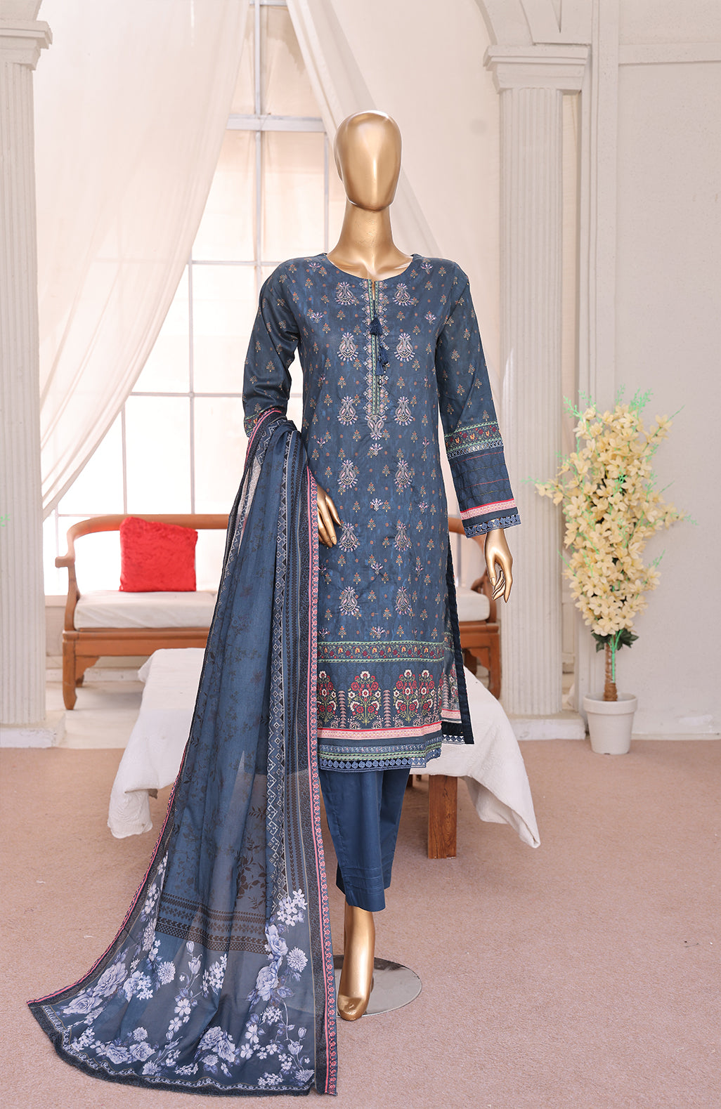 3 PEICE LAWN EMBROIDRY COLLECTION  EM-01 N-BLUE