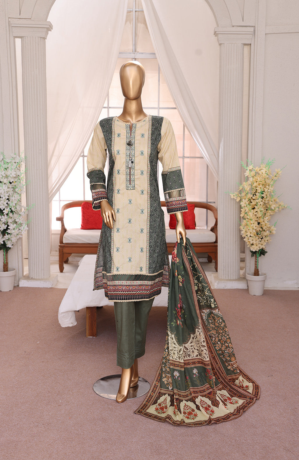 3 PEICE LAWN EMBROIDRY COLLECTION  EM-05 GREEN