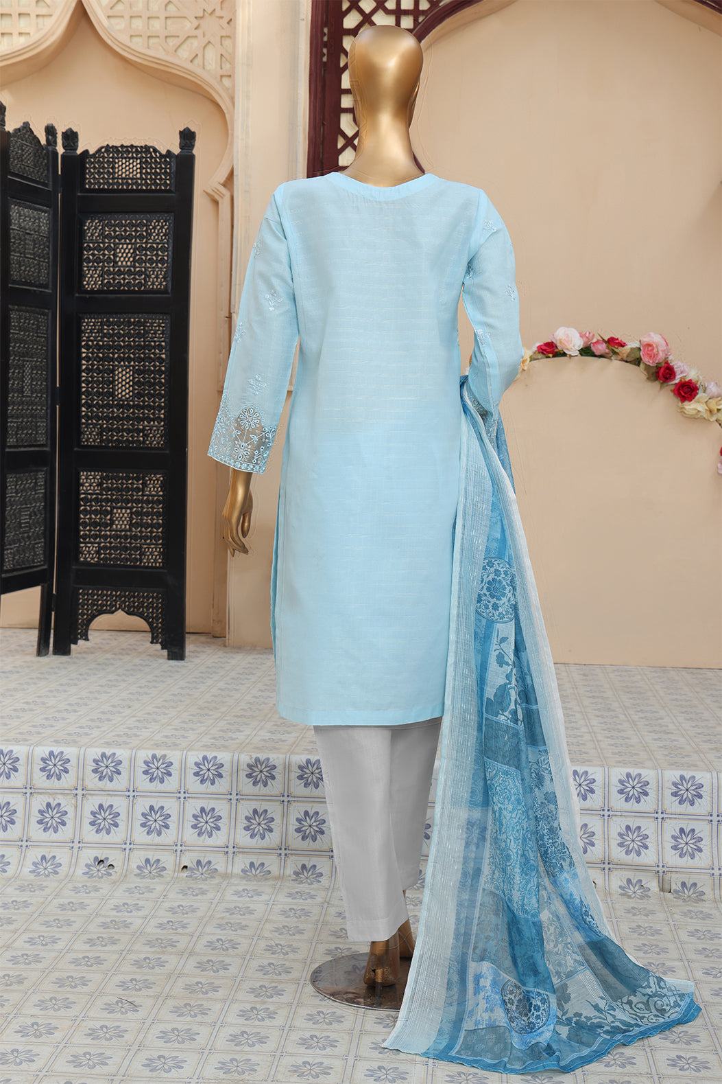 3 PEICE STIFF COTTON EMBROIDRY SCE-06 SKY BLUE