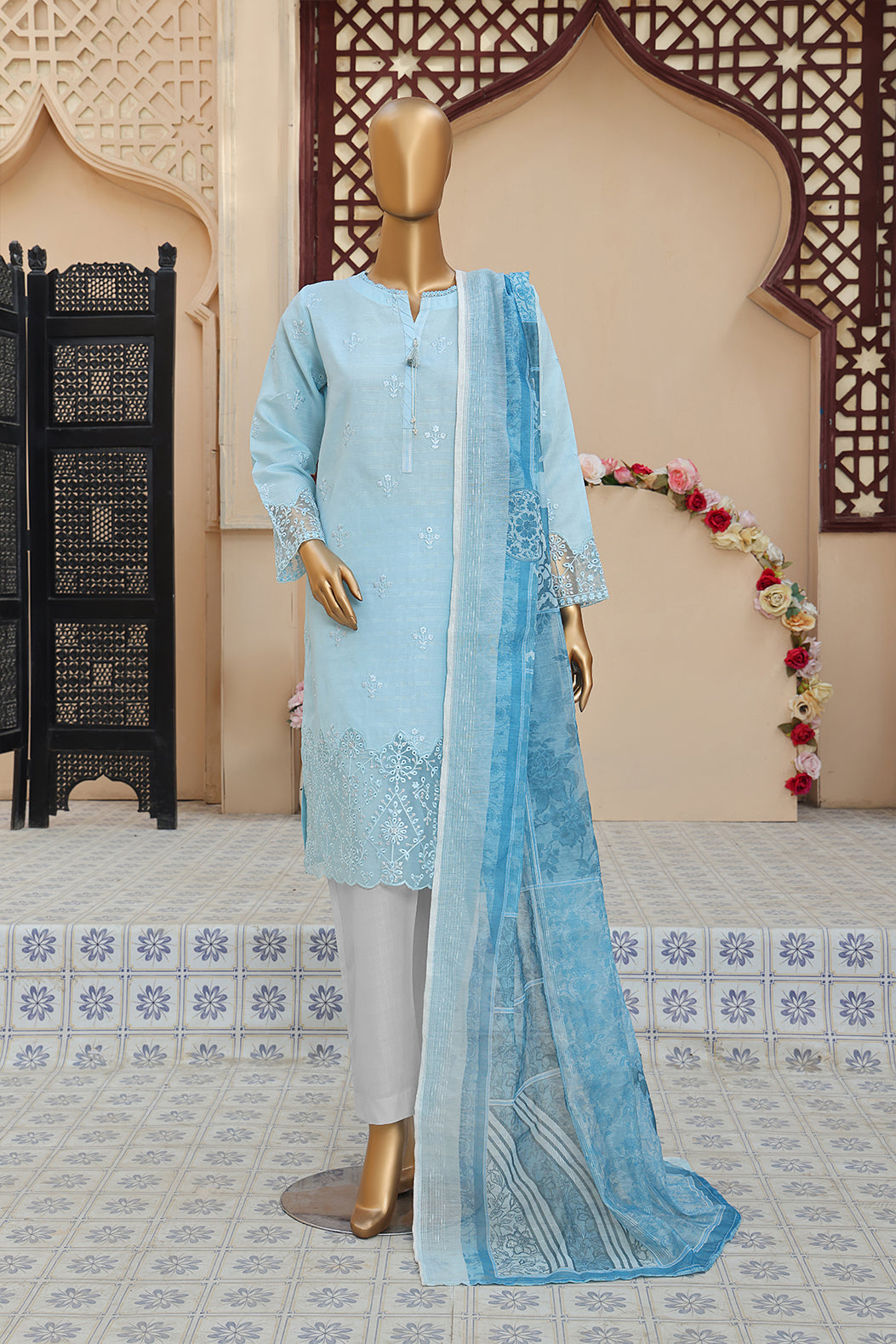 3 PEICE STIFF COTTON EMBROIDRY SCE-06 SKY BLUE