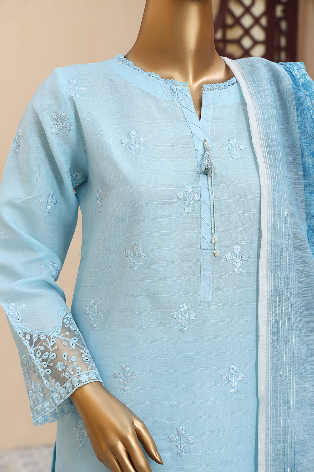 3 PEICE STIFF COTTON EMBROIDRY SCE-06 SKY BLUE