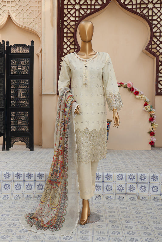 3 PEICE STIFF COTTON EMBROIDRY SCE-08 BEIGE