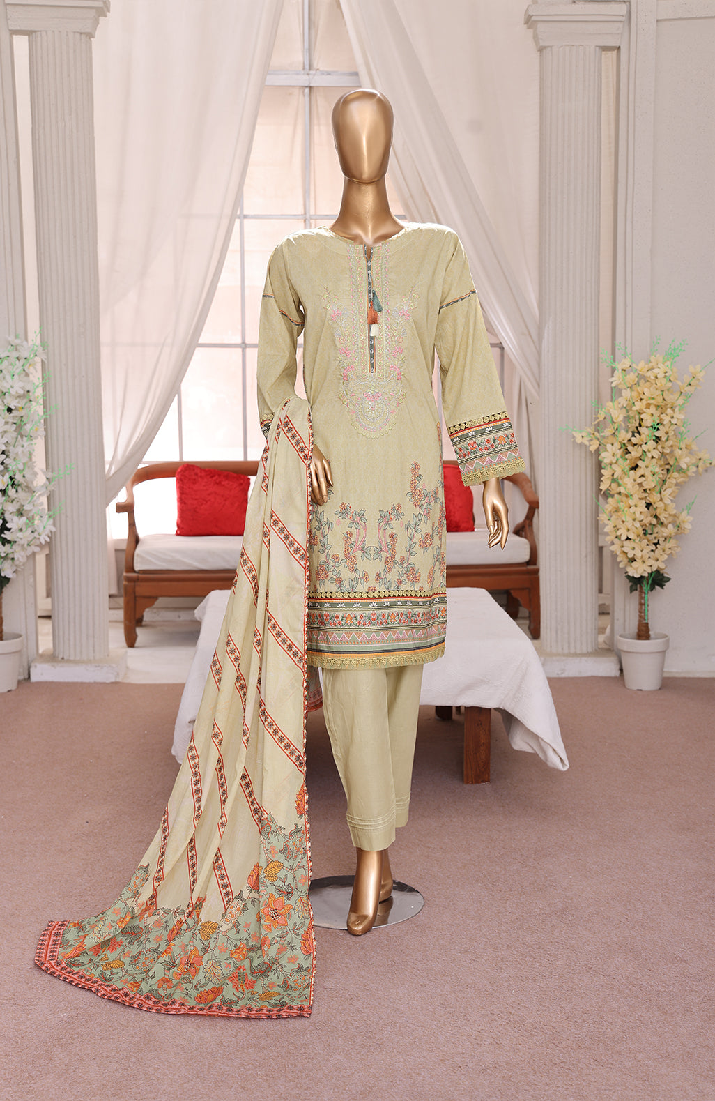 3 PEICE LAWN EMBROIDRY COLLECTION  EM-03 LEMON