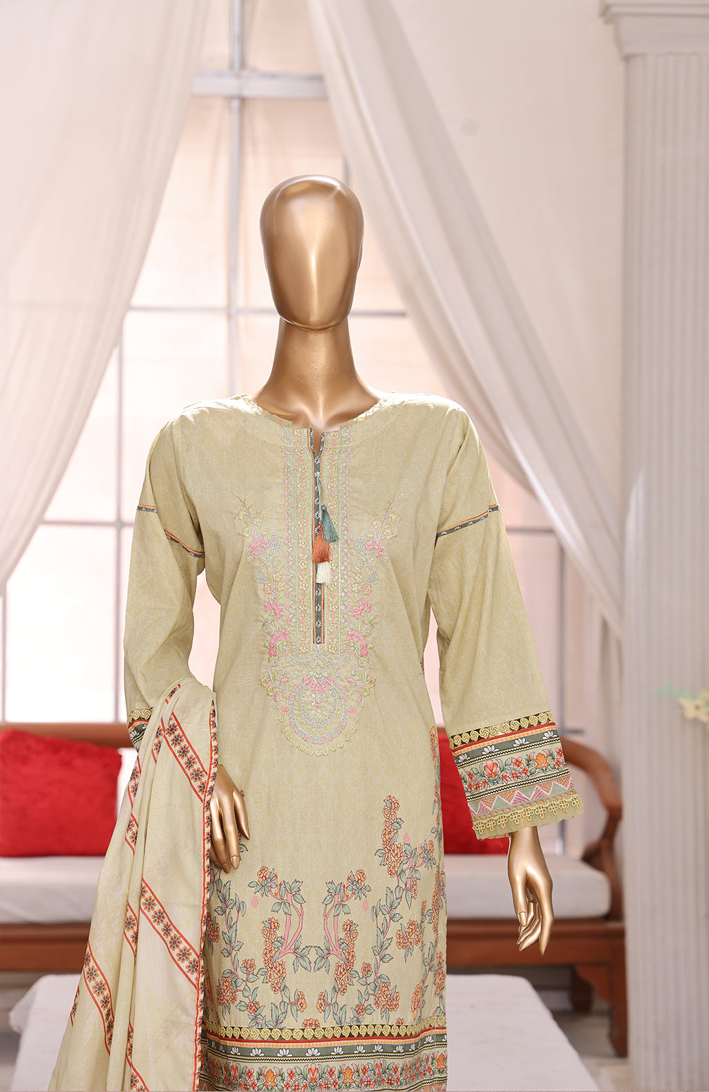 3 PEICE LAWN EMBROIDRY COLLECTION  EM-03 LEMON