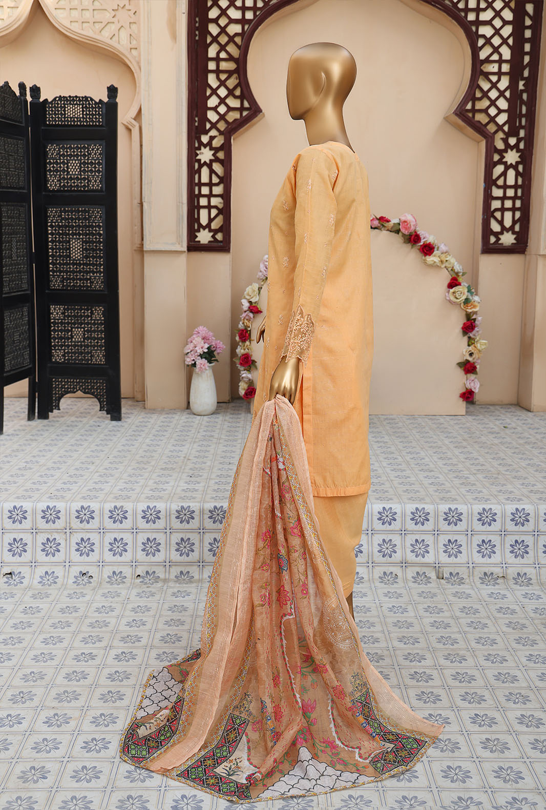 3 PEICE STIFF COTTON EMBROIDRY SCE-05 ORANGE